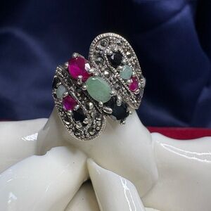 Ring*Genuine Emerald, Ruby, Sapphire & Marcasite 925 Sterling Silver Ring